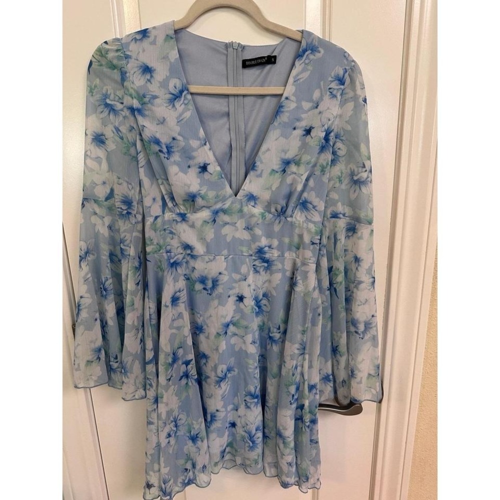 Double Crazy Plunging Neck Bell Sleeve Floral Dress, Size Small